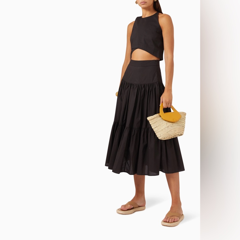 bird & knoll black domino midi cotton tiered skirt